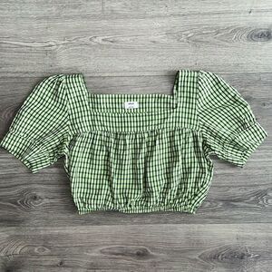 WILFRED Trinette Blouse Small Square Neck Puff Sleeves Green Gingham Cottagecore